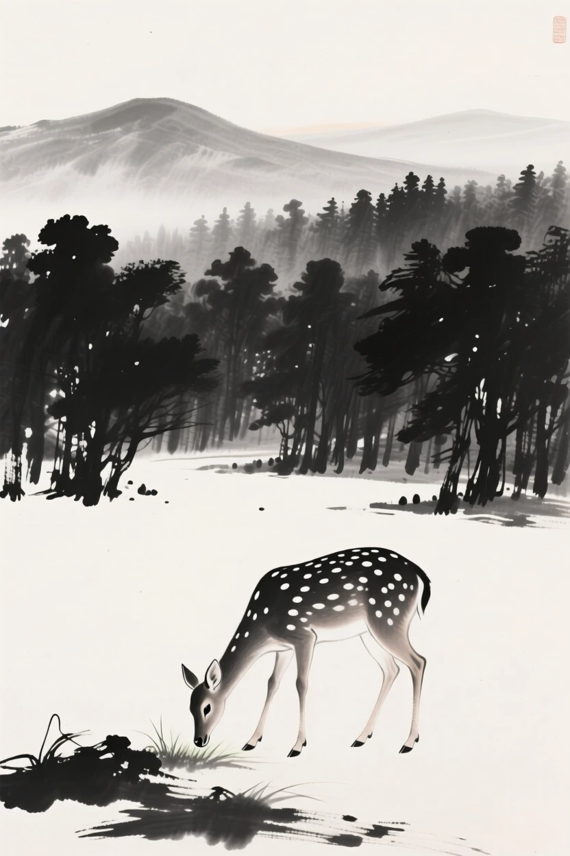A spotted deer grazes quietly at the edge of a forest clearing, with distant hills rising through the morning haze.