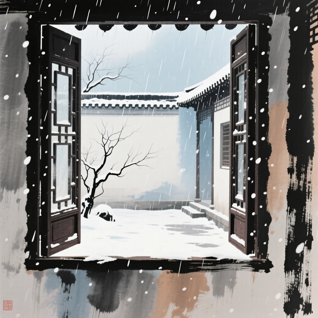 A solitary window open to a courtyard filled with falling snow, in a gentle drizzle, filled with tranquil stillness.