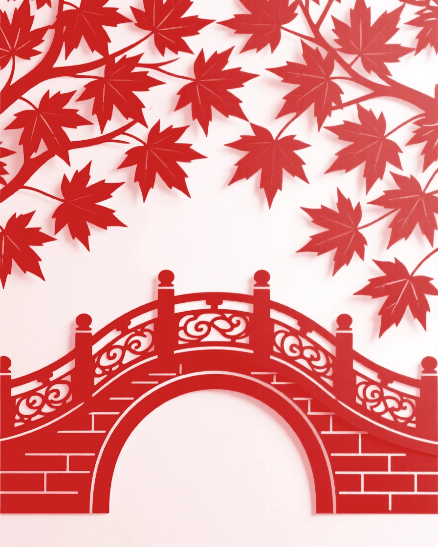 A stone bridge, beneath a canopy of autumn maple leaves, its carved railings catching the last light.