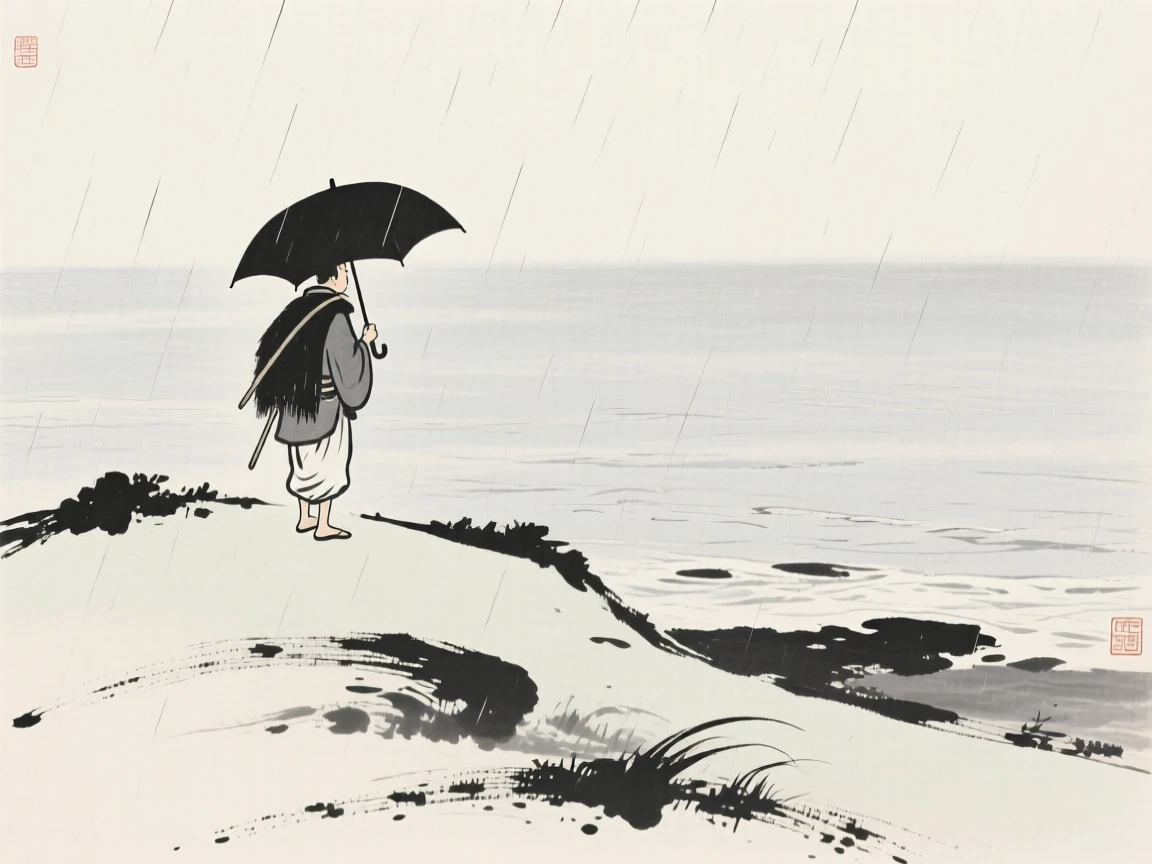A shepherd sheltering from rain beneath a broad umbrella on a hillside overlooking the sea, framed small within a vast, quiet landscape, suggesting harmony between people and their surroundings.