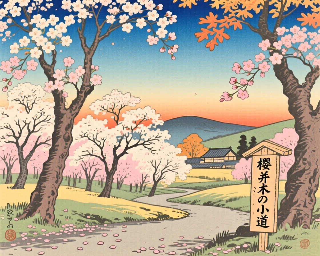 A grove of cherry blossom trees in full bloom under a wide open autumn sky.