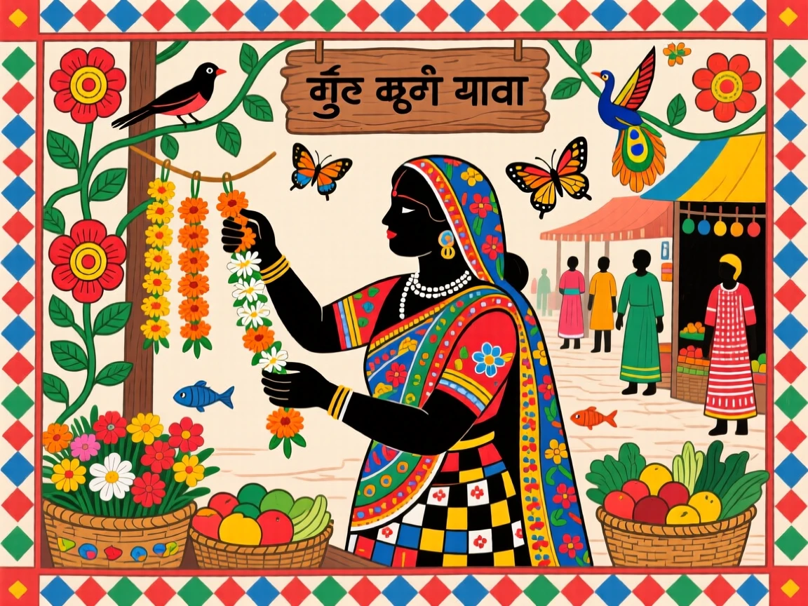 A flower seller stringing garlands at a bustling market corner.
