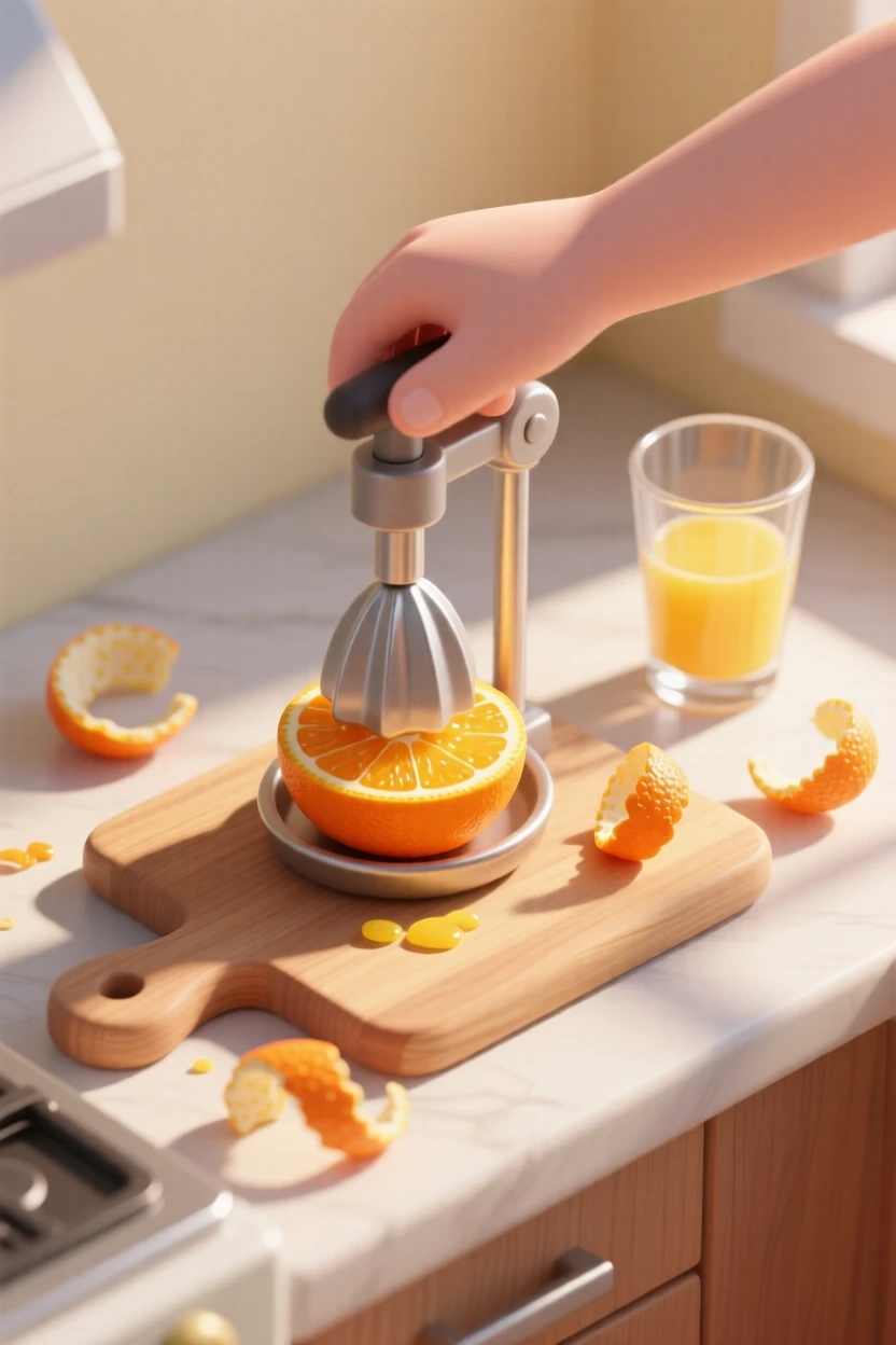 A quiet morning scene of squeezing fresh orange juice in a sunny kitchen, citrus peels scattered, and a glass catching the morning light.