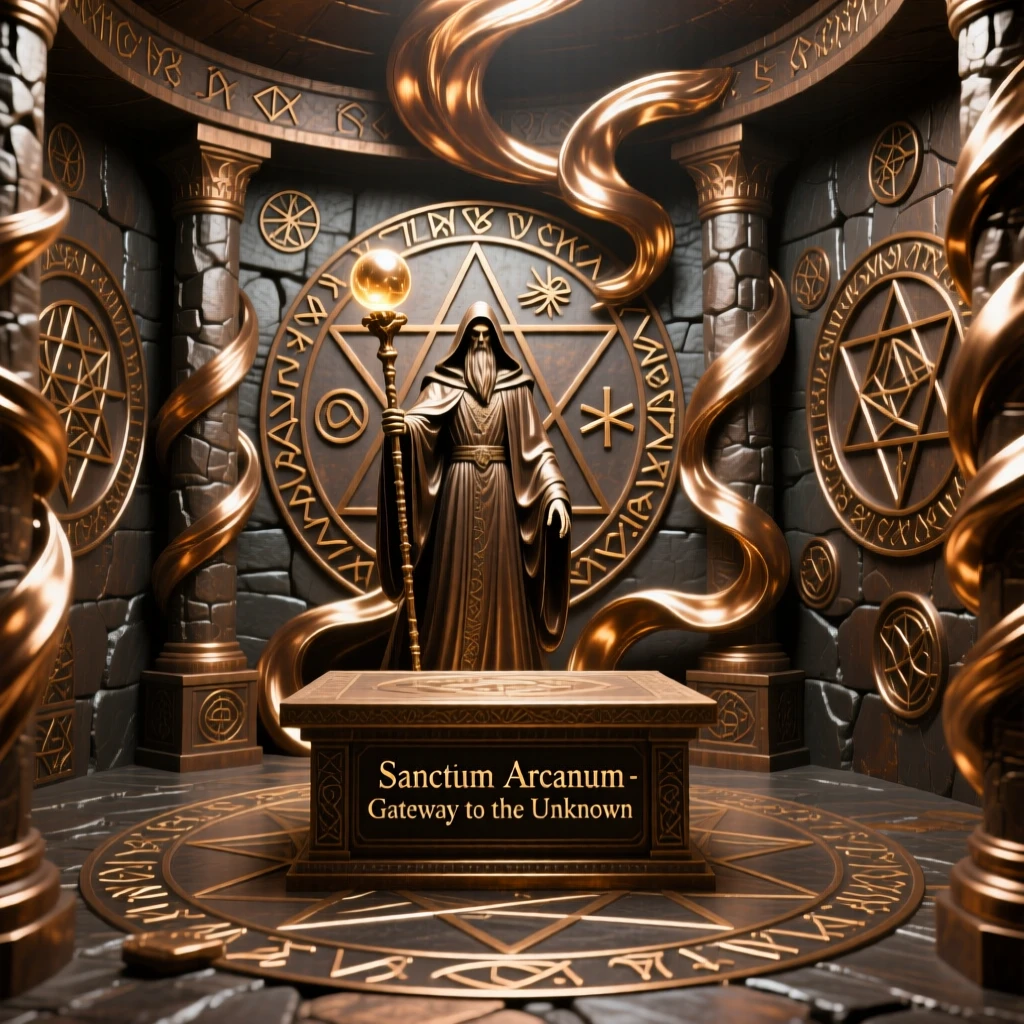 A sorcerer's sanctuary filled with arcane symbols, with swirling energy and radiant color, transporting the viewer to another world