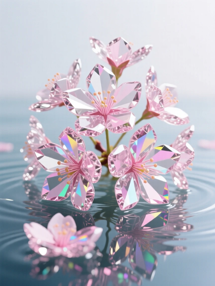 A cluster of delicate cherry blossom petals floating on still pond water.