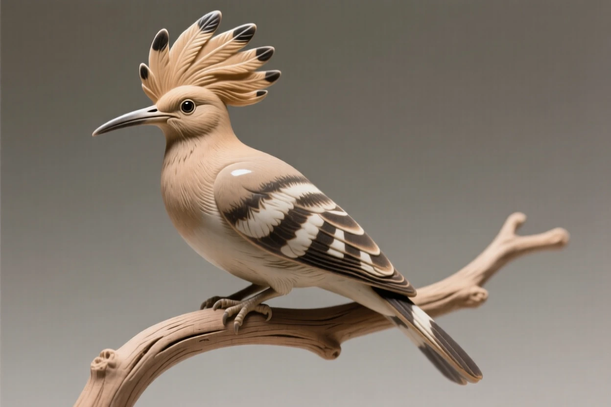 A hoopoe with its crest fully raised poised delicately on a slender branch, its wings dusted with delicate, intricate patterns, capturing a serene moment suspended in time.