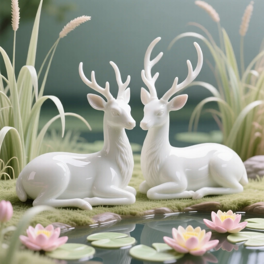 A pair of deer resting side by side in tall grass beside a lily-covered pond.