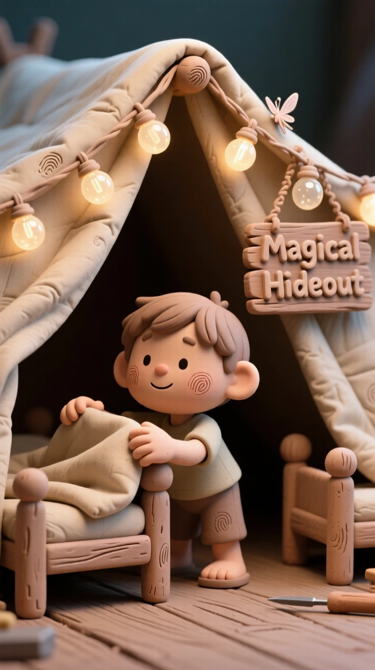 A child building a blanket fort filled with fairy lights