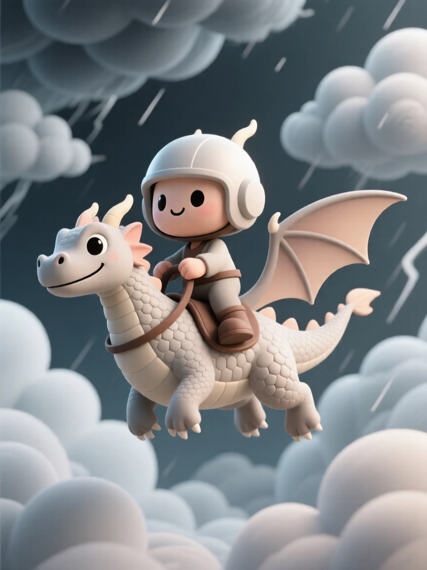 A brave dragon rider soars through storm clouds atop a great scaled beast with wings spread wide.