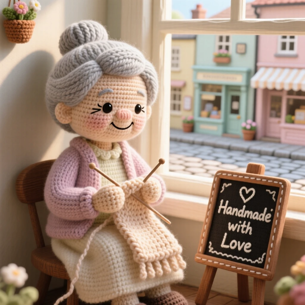 A charming scene of a gentle grandmother figure with silver hair in a neat bun and kind wrinkled eyes, knitting beside a sunny window inside a charming cobblestone street lined with shopfronts; a small chalkboard sign with a hand-drawn heart adds to the moment, full of comforting familiarity and small-town charm.