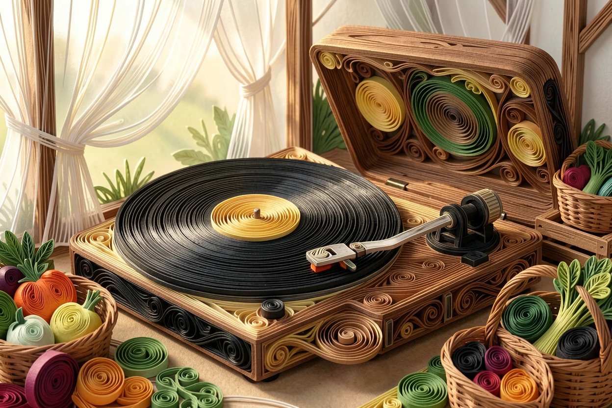 a stack of vinyl records beside a retro turntable, at an outdoor weekend farmers market, arranged with cozy layered textures throughout, with soft morning light filtering through sheer curtains.
