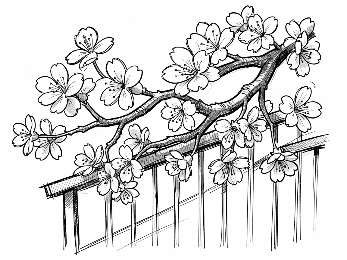 A cluster of cherry blossom branches along a sunny balcony railing.