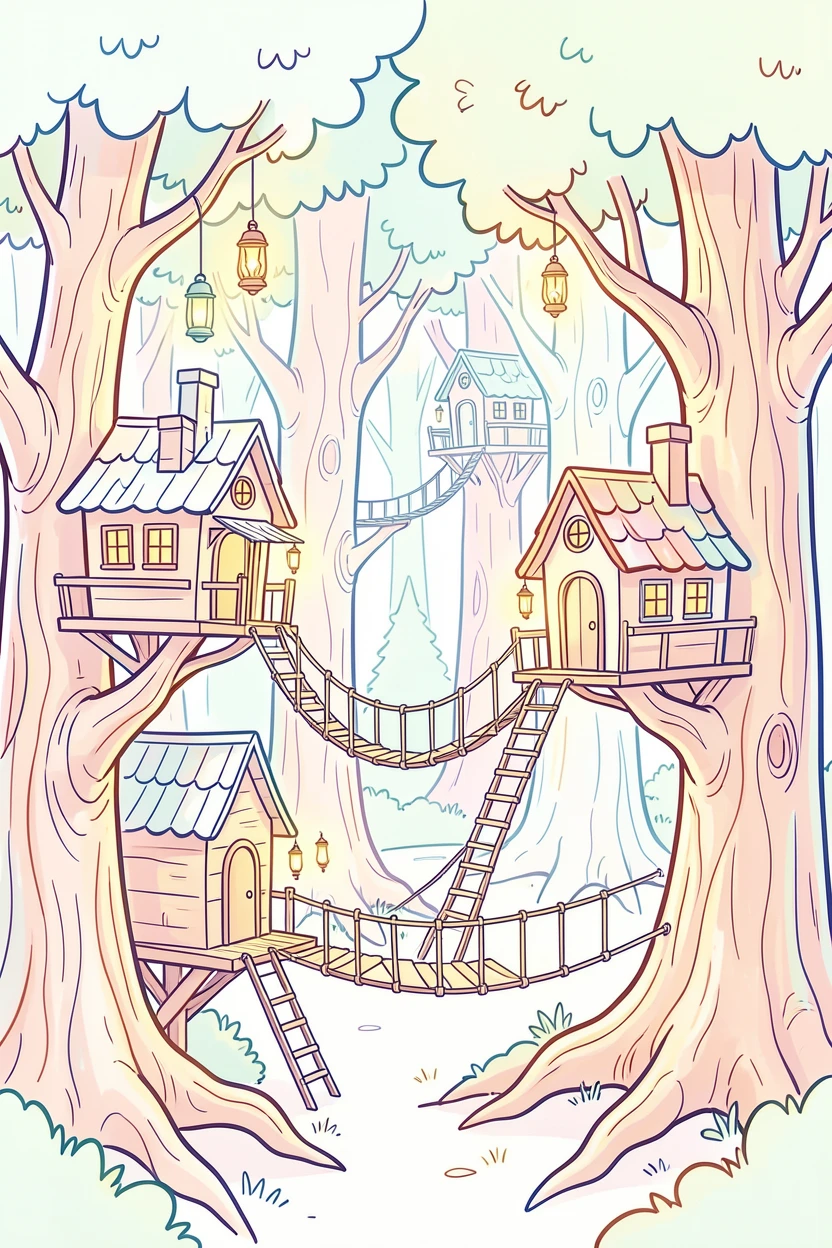 A treehouse village illuminated by lanterns nestled deep in an ancient forest.