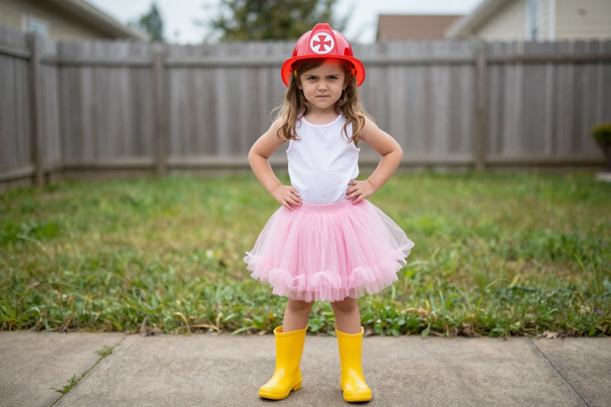 A little girl insists on wearing rain boots, a tutu, and a firefighter helmet all at once.