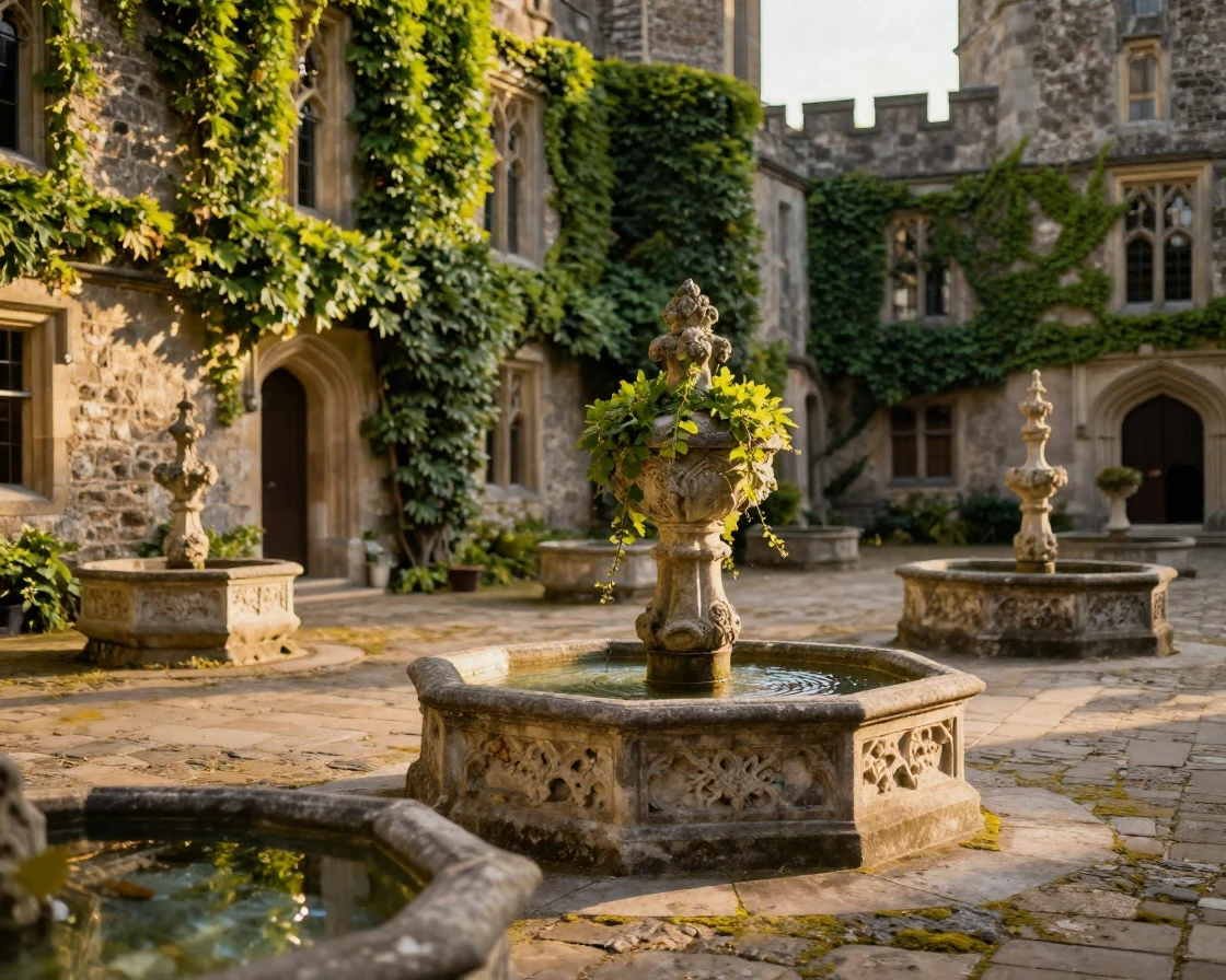 A stone castle courtyard covered in climbing ivy and old stone fountains