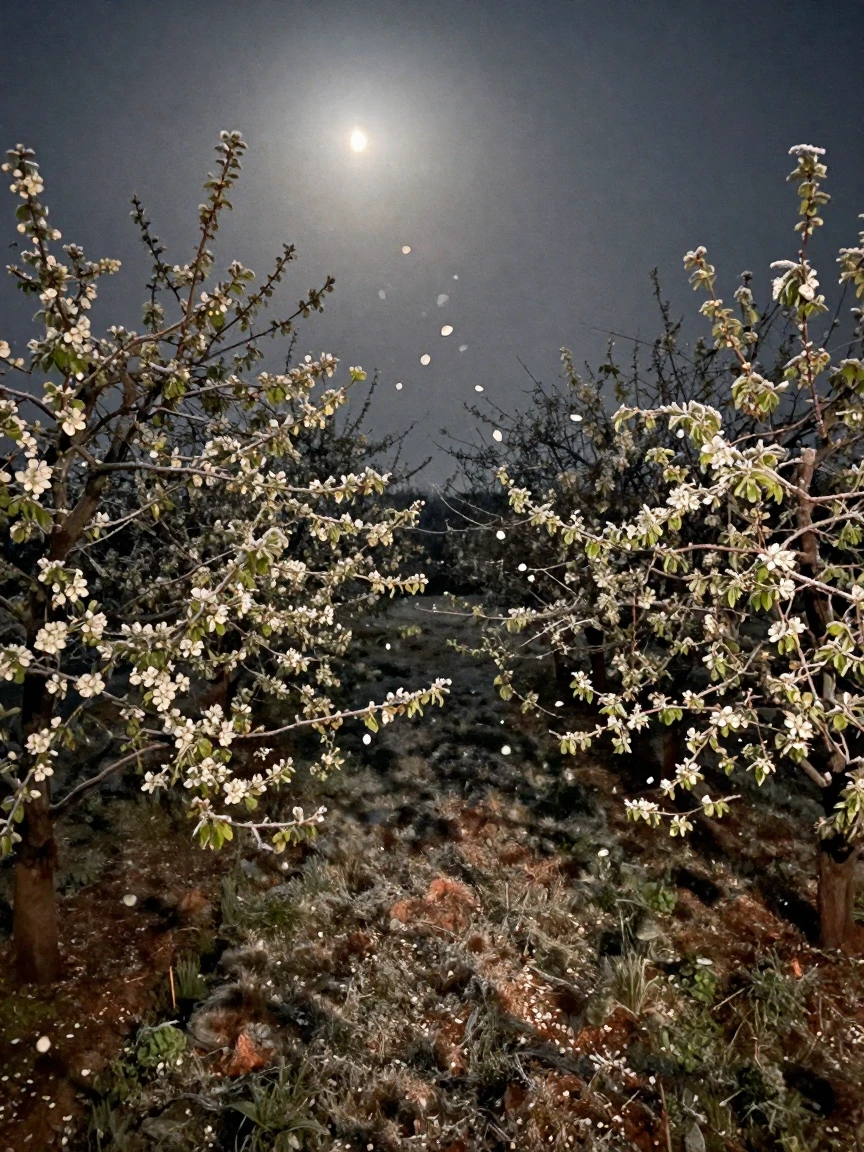 A blossoming orchard with petals drifting on a soft breeze, under moonlight, with frost coating every surface, in early spring, with muted olive and rust colors, shot from directly overhead.