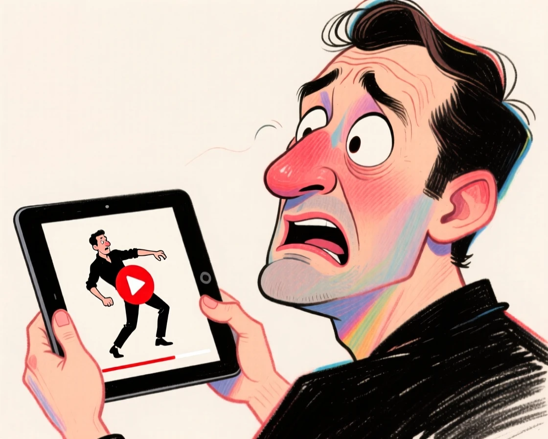 A man mid-cringe watching an embarrassing video of himself.