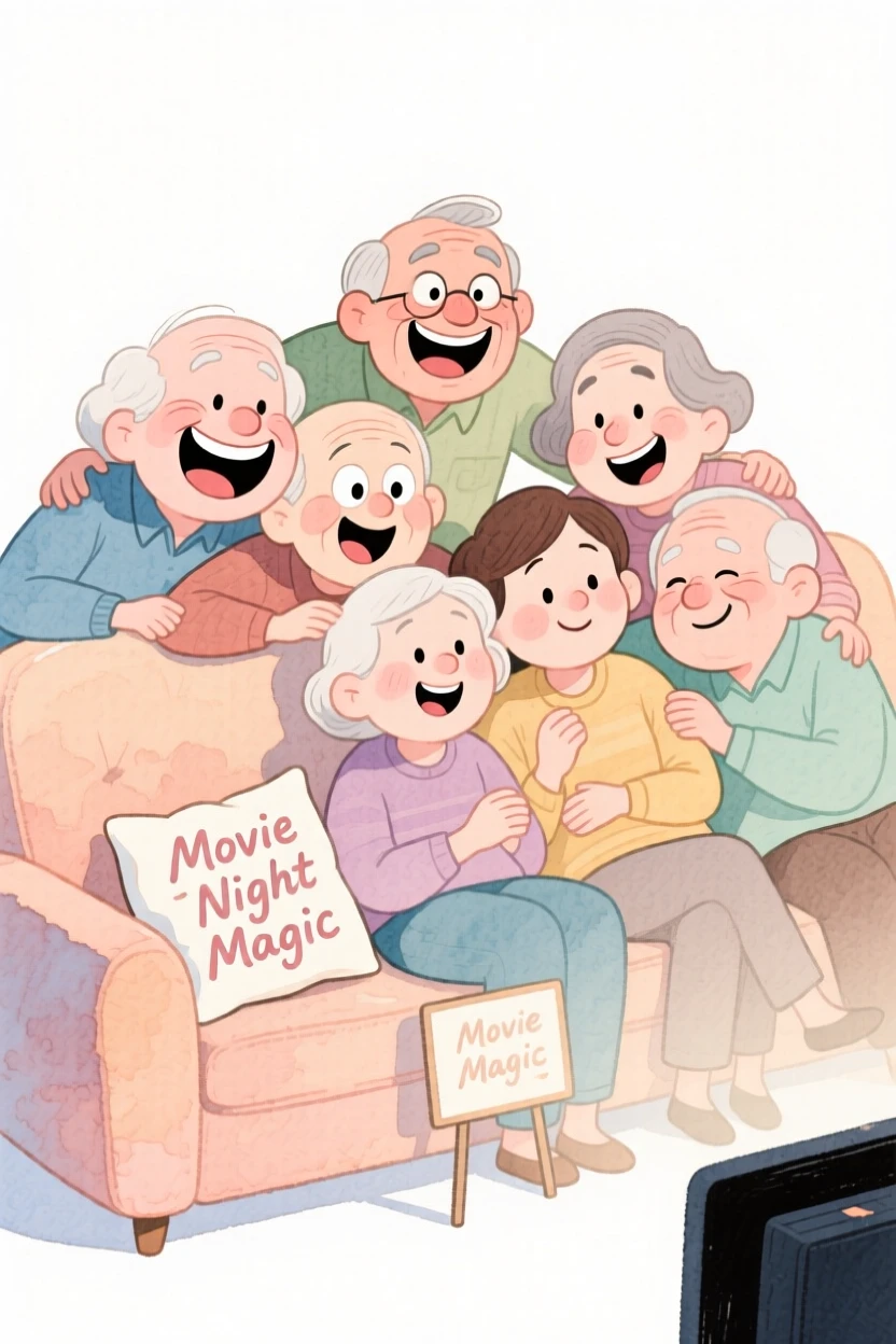 Old friends reuniting piled together on a couch for a cozy movie night
