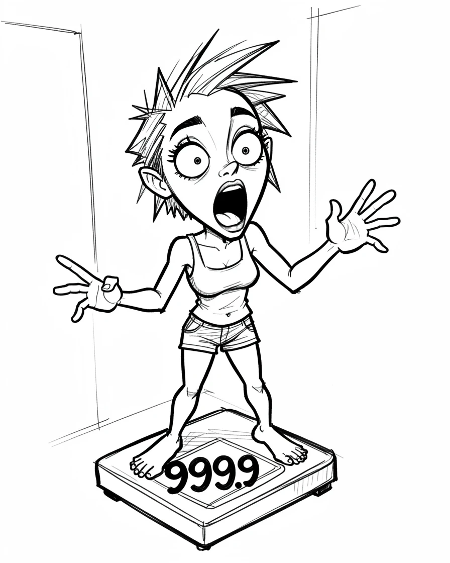 [Funny & Exaggerated Situations] Comical scene of a woman doing a double take at a scale that shows an unexpected number, exaggerated for maximum laughs