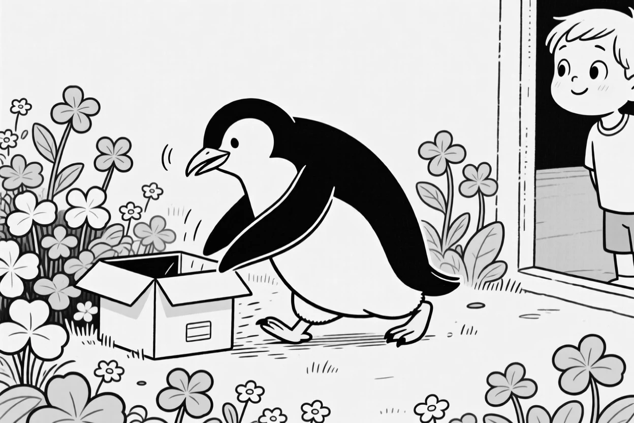 A penguin waddling with exaggerated determination, trying to fit into a box far too small, set in a garden bursting with clover. A curious child watches from just out of frame. It's an irresistibly charming slice of animal personality.