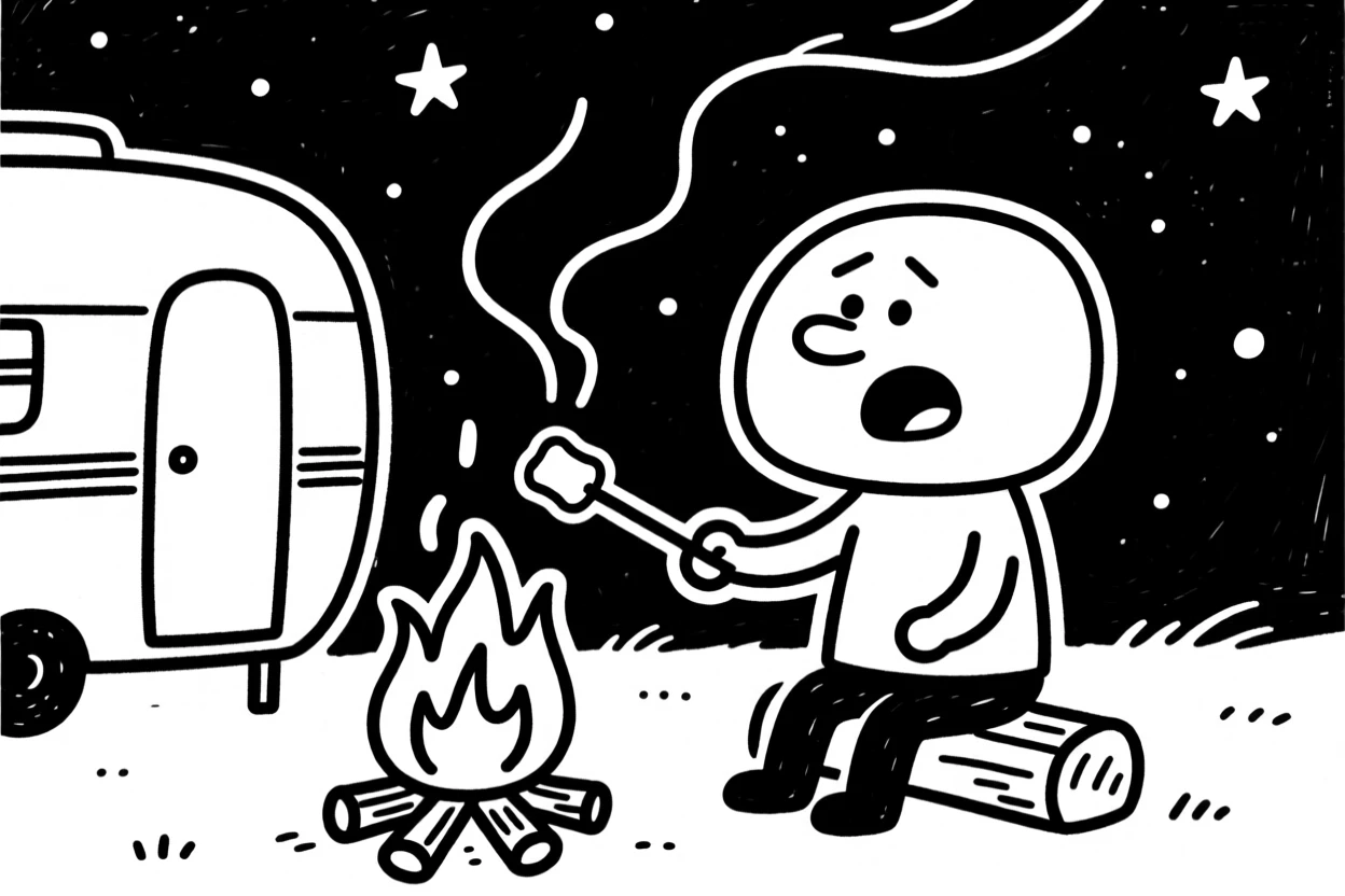 A camper roasting marshmallows over a crackling fire under a starry sky.