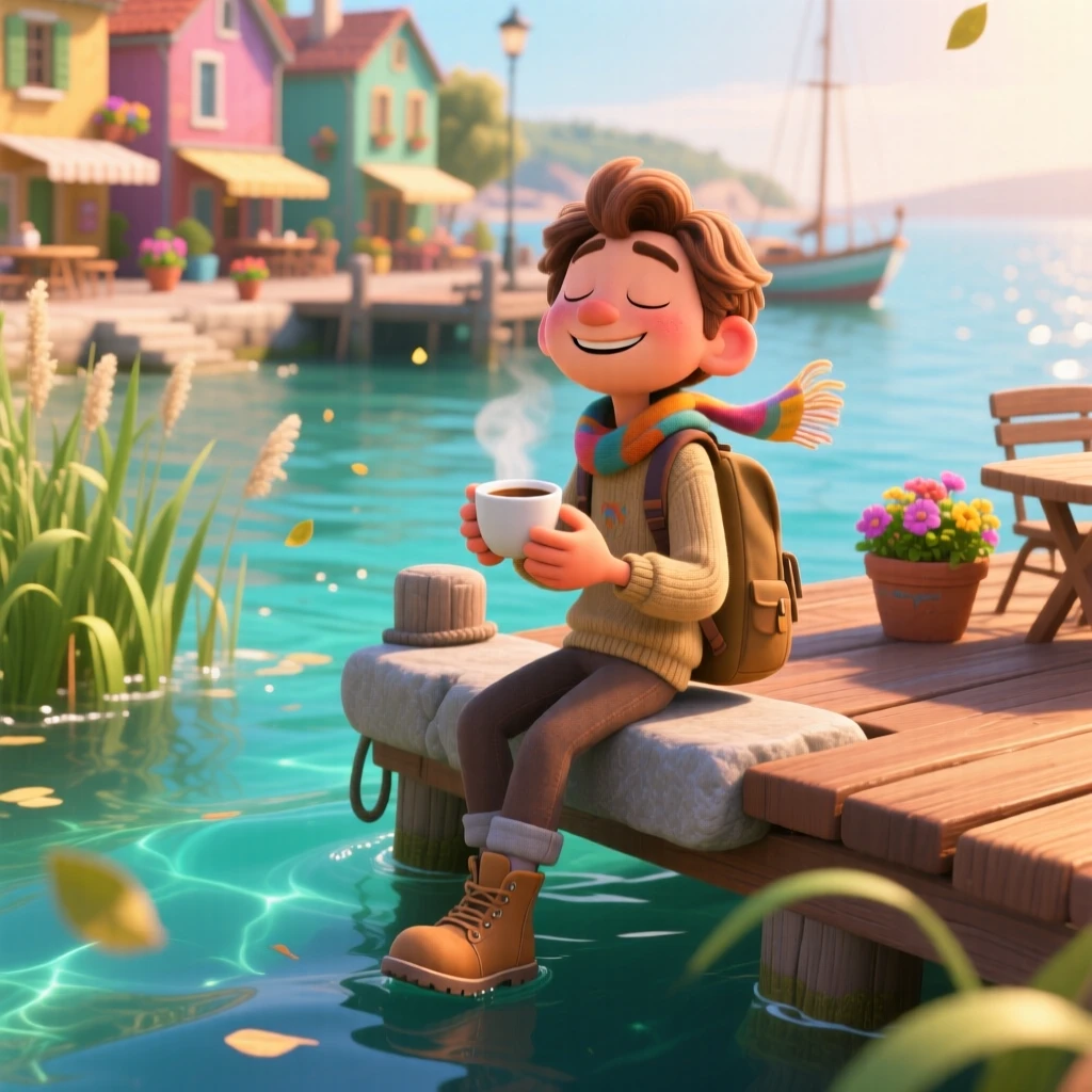 A traveler sipping coffee at a small cafe stands on a wooden dock over crystal-clear water, resting on a stone ledge to admire the scenery. A warm sense of gratitude and wanderlust colors the moment, with the scent of salt air carried on the wind.