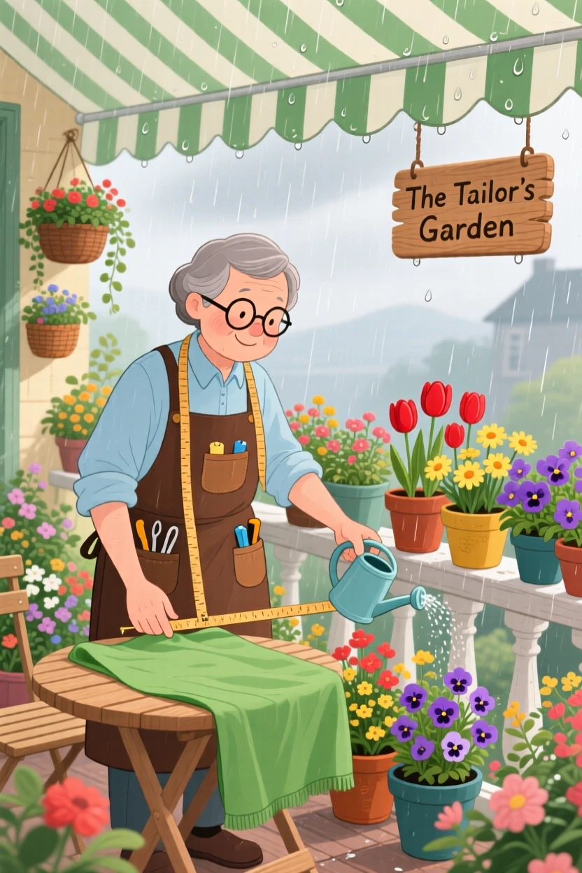A tailor measuring fabric pauses while watering a row of potted flowers in a flower-filled balcony, with a gentle rain pattering on the awning.