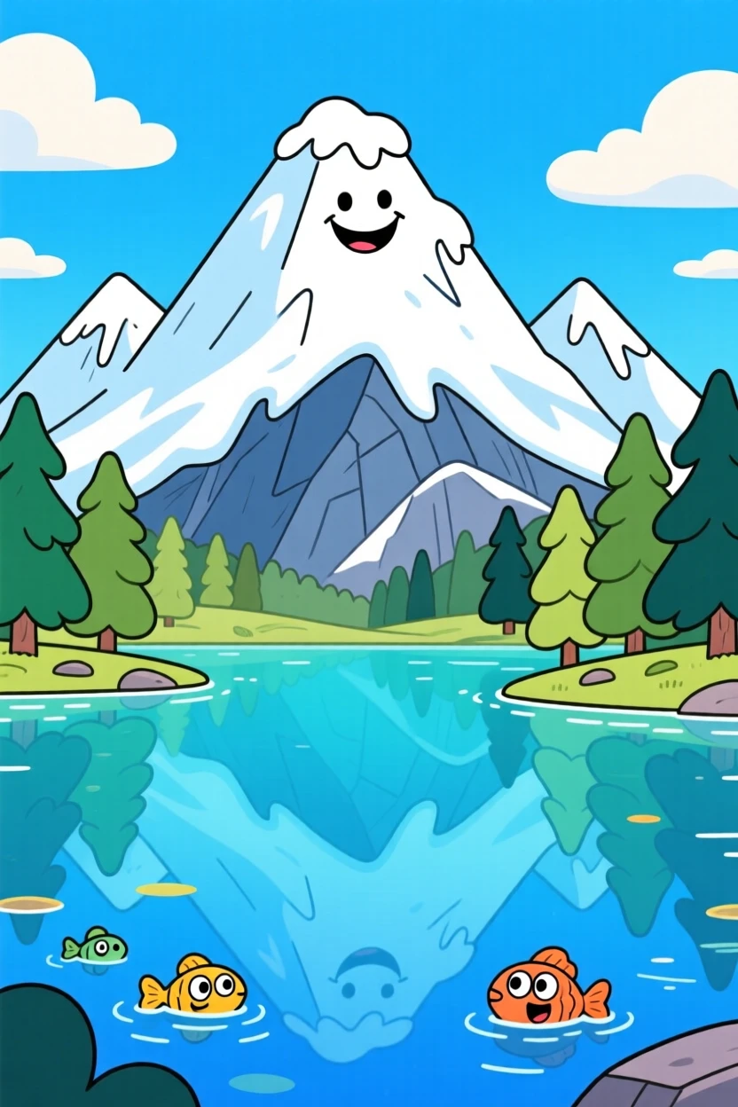 A snow-capped mountain reflected perfectly in a still alpine lake.