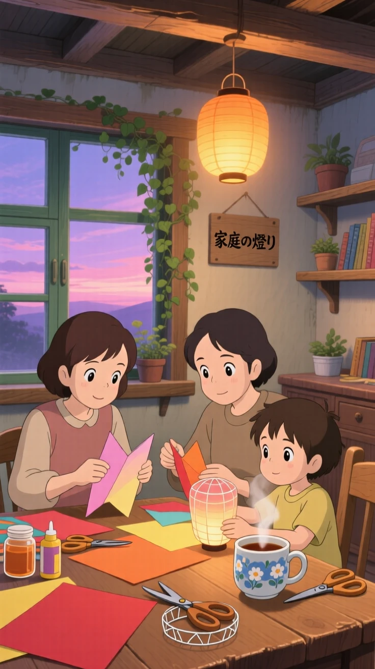 A family gathered around a table making paper lanterns, steam rising gently from a mug of tea, the whole scene feeling quietly content.