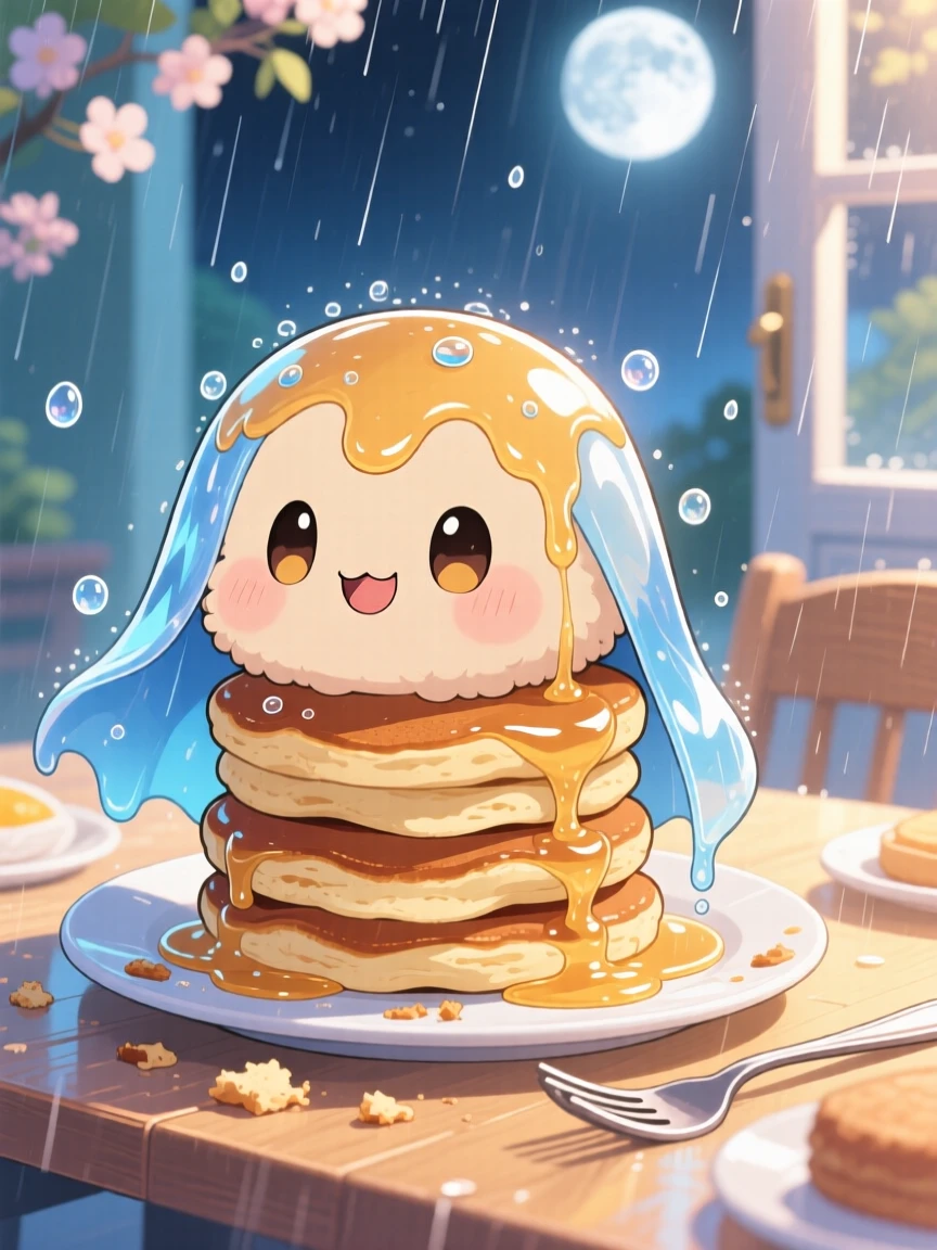Three-quarter view of a fluffy pancake stack character, wearing a syrup waterfall like a cape, in a sunny breakfast table, during a gentle spring rain shower, illuminated by soft moonlight, radiating eager anticipation.