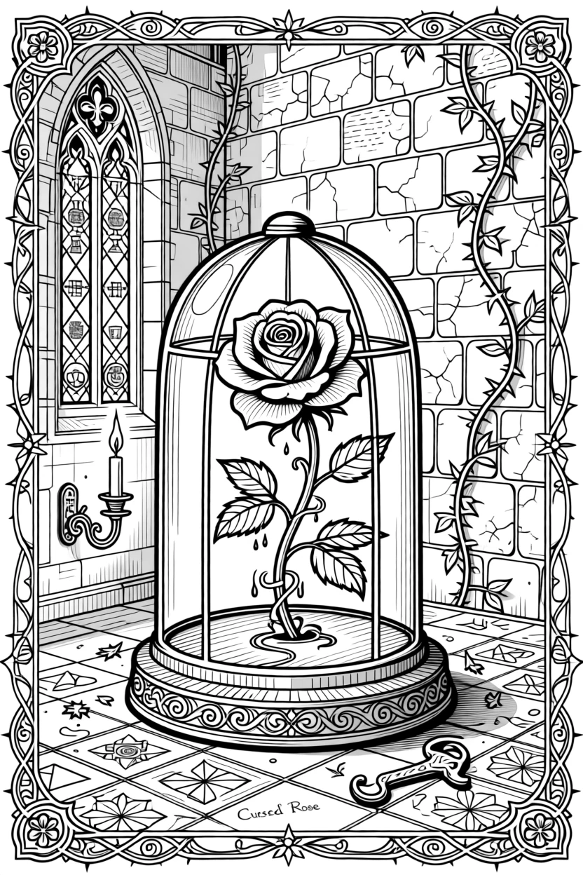 An enchanted rose growing under a glass dome in a cursed castle.