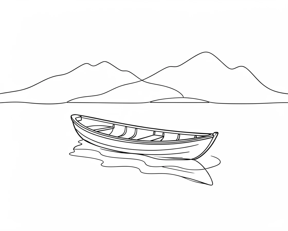 A quiet alpine lake dotted with a single wooden rowboat
