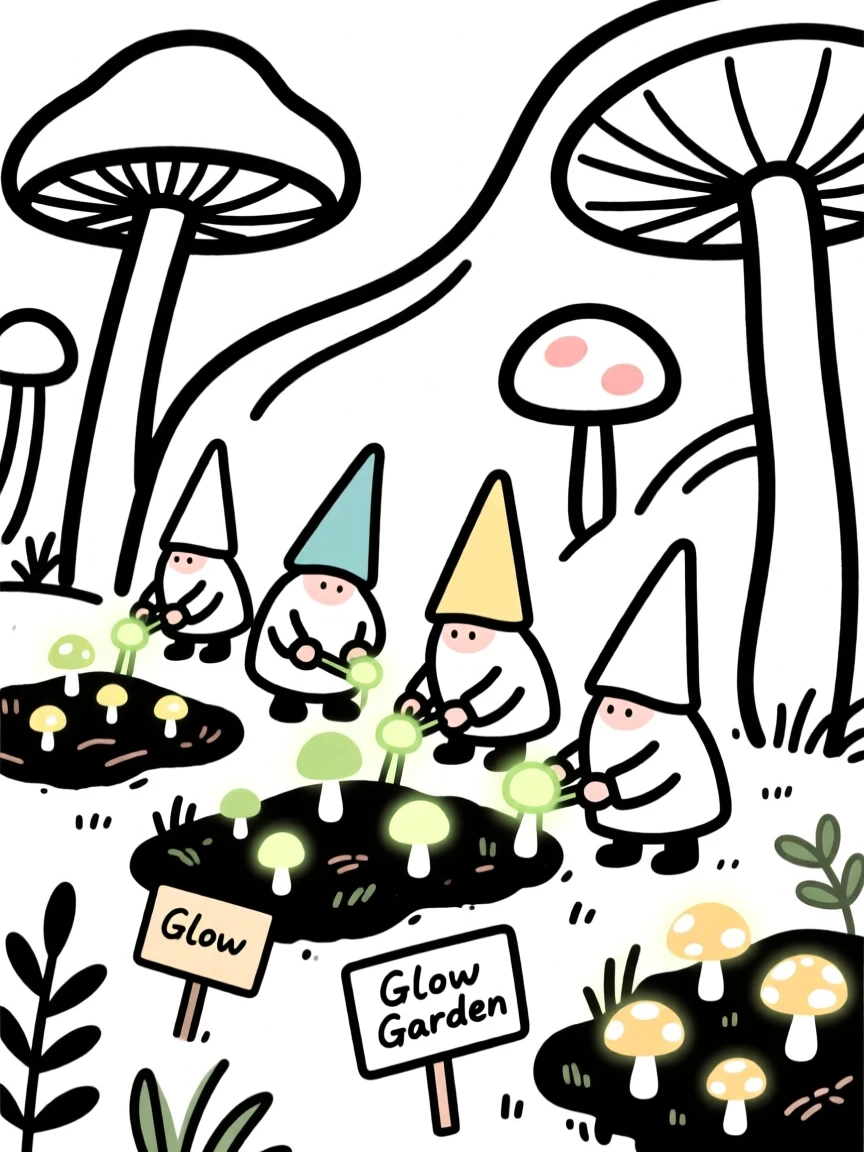 A group of gnomes tending a garden of glowing mushrooms.