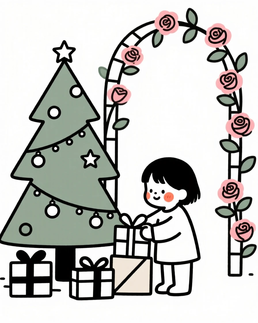 A small child wrapping gifts by a decorated tree, beside a blooming rose trellis.
