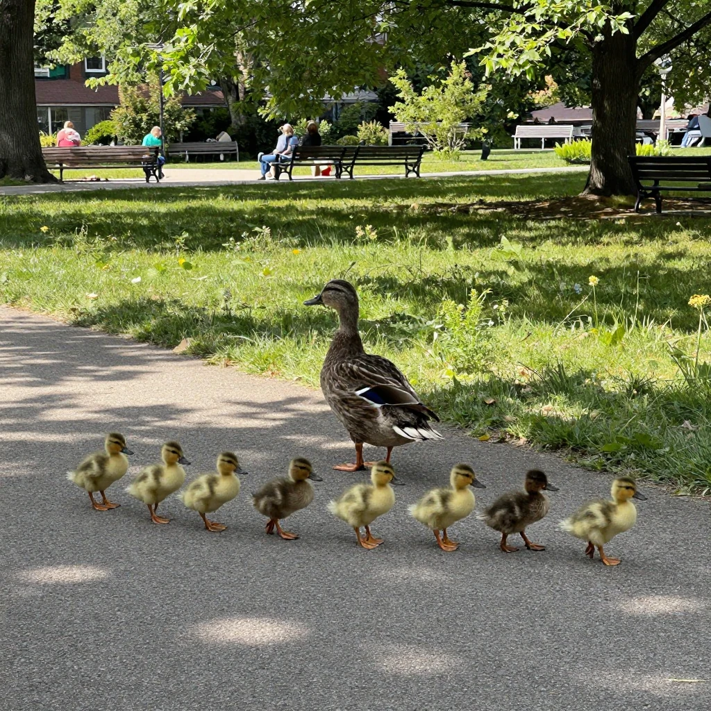 A flock of ducklings follows their mother in a single file line across a park path.