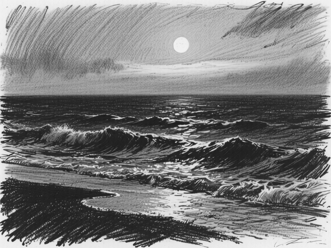 A moonlit ocean horizon as morning dew glistens on every surface.