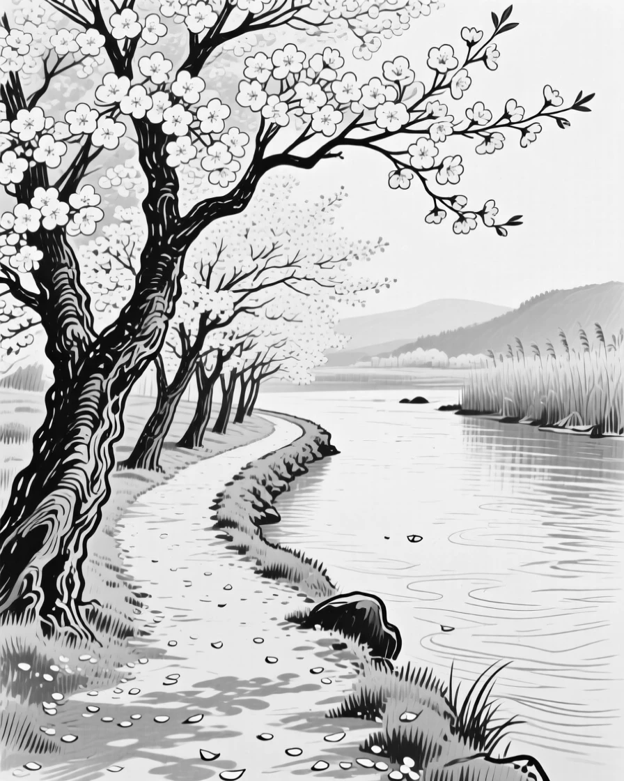 A tranquil riverside path lined with cherry blossom trees in full bloom.