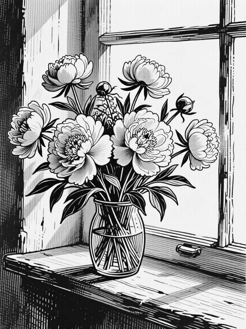 A bouquet of wild peonies arranged on a windowsill in soft light, with soft shadows falling across the petals, composed in a full of quiet beauty still-life arrangement.