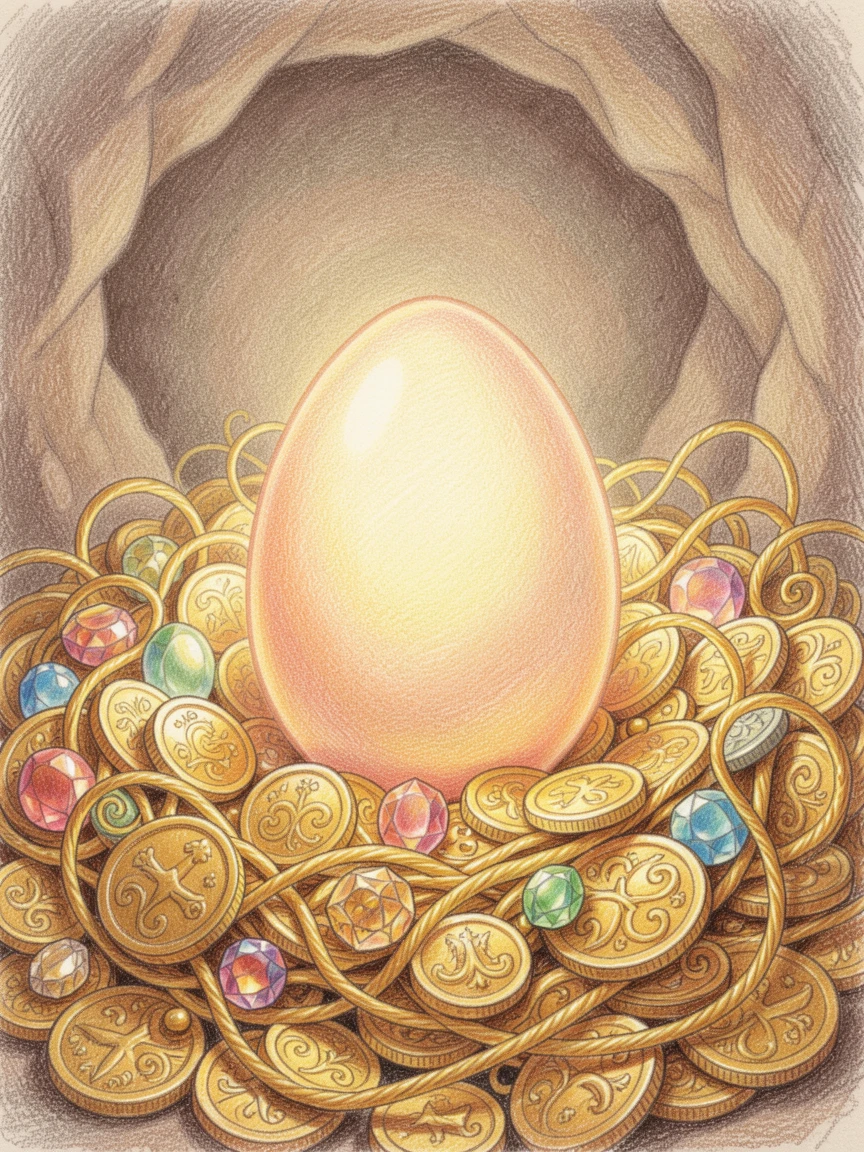 A dragon egg glowing softly in a nest of golden treasure, with intricate, whimsical details throughout the scene, evoking childhood wonder and magical storytelling.