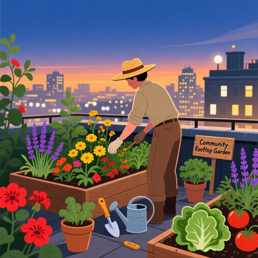 A gardener tending to a vibrant rooftop garden, on a city rooftop overlooking twinkling lights, captured from behind to invite the viewer into the moment, with a sense of warmth and togetherness in every detail.
