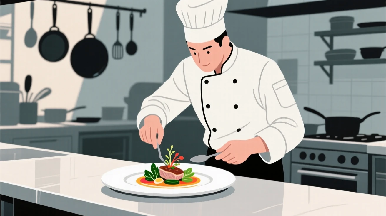 A chef plating a beautifully arranged dish in a busy kitchen.