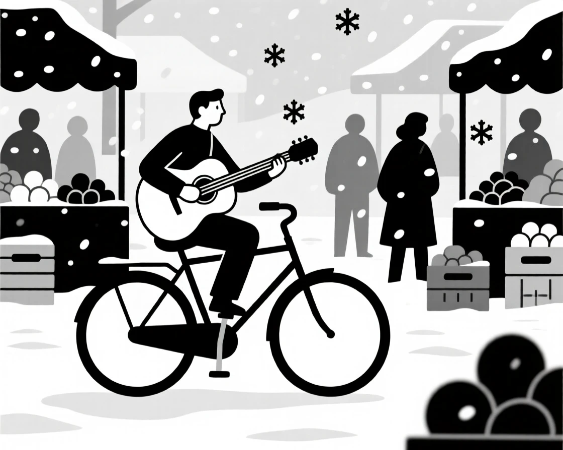 A street musician riding bicycles in a busy farmers market, surrounded by soft falling snow, conveying warm connection.