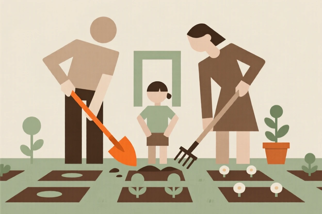 A family planting a garden together