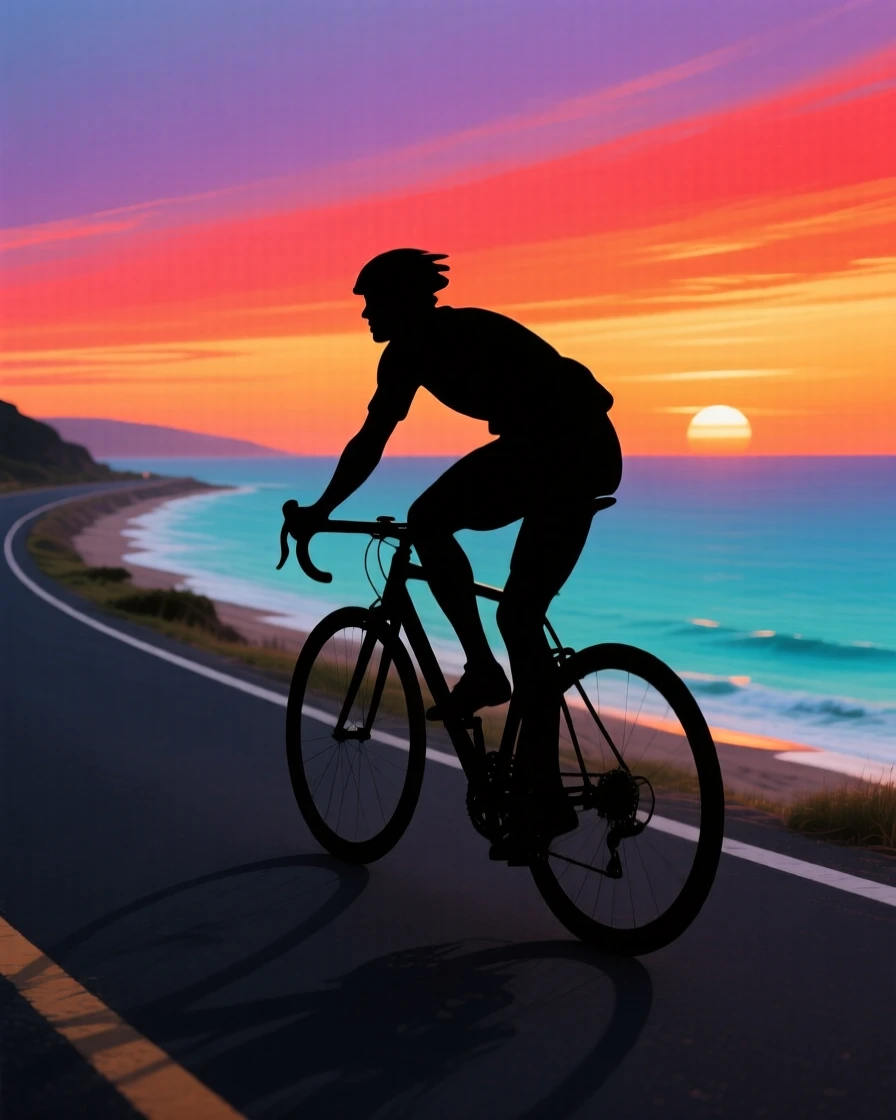 A lone cyclist riding along a coastal road with the ocean stretching beside them.