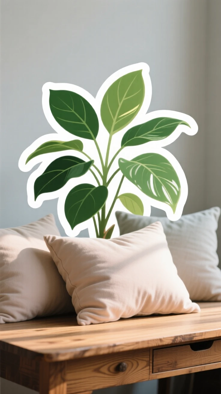 A gently glowing houseplant leaves catching sunlight, nestled among soft throw pillows, on a vintage wooden desk.