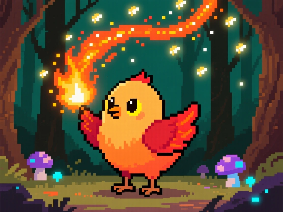 A phoenix chick with tiny embers for feathers casting a spell that fills the sky with fireflies, in an ancient enchanted forest.