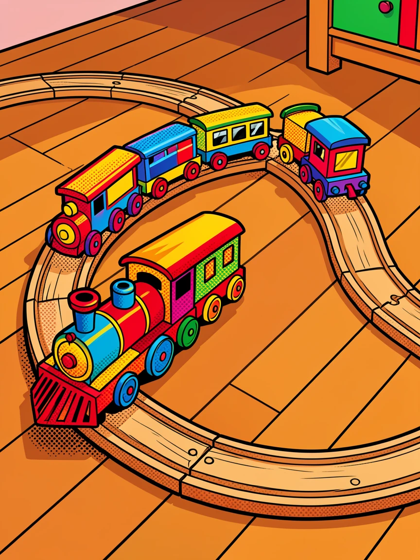 A wooden train set arranged on a child's bedroom floor
