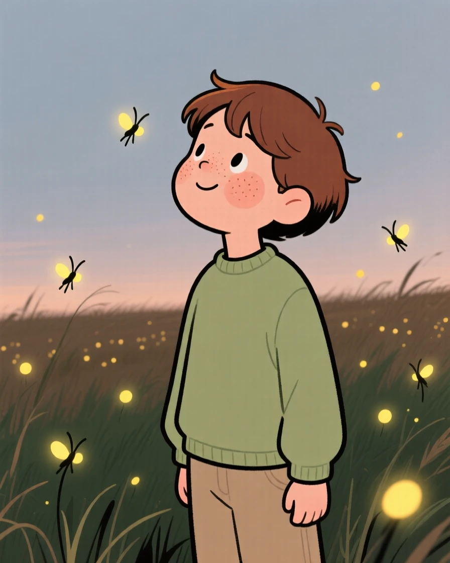A curious teenager looks up in quiet wonder at a field of fireflies, a soft smile spreading across their face as a feeling of gratitude settles over the scene.