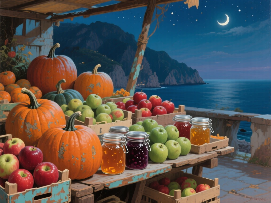 A detailed close shot of a farmstand piled with pumpkins, apples, and jars of preserves, along the Amalfi coast, under the night sky.
