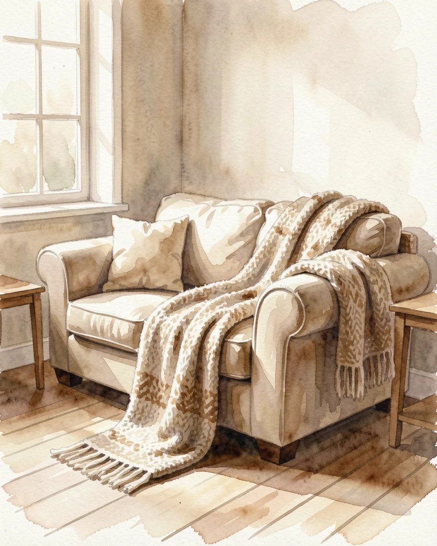 A cozy den with a knitted blanket draped over a sofa.